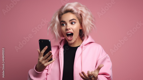 portrait of young woman with smartphone isolated on pink background 