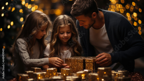 Dad with daughters opening Christmas gifts  layout for postcard and holiday greeting