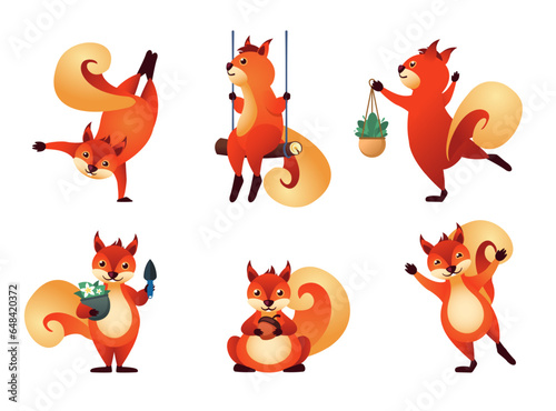 baby squirrels set. cute funny little ginger squirrels in forest nature, wildlife animals, eating acorn, squirrels in differnet poses. vector cartoon animals.
