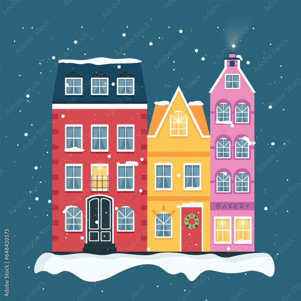 Winter New Year Scandinavian colorful houses with a bakery in the snow