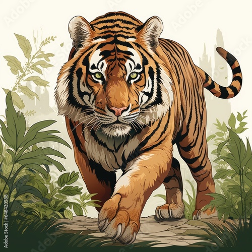 Fierce Tiger prowls through the jungle in cartoon style isolated on a white background