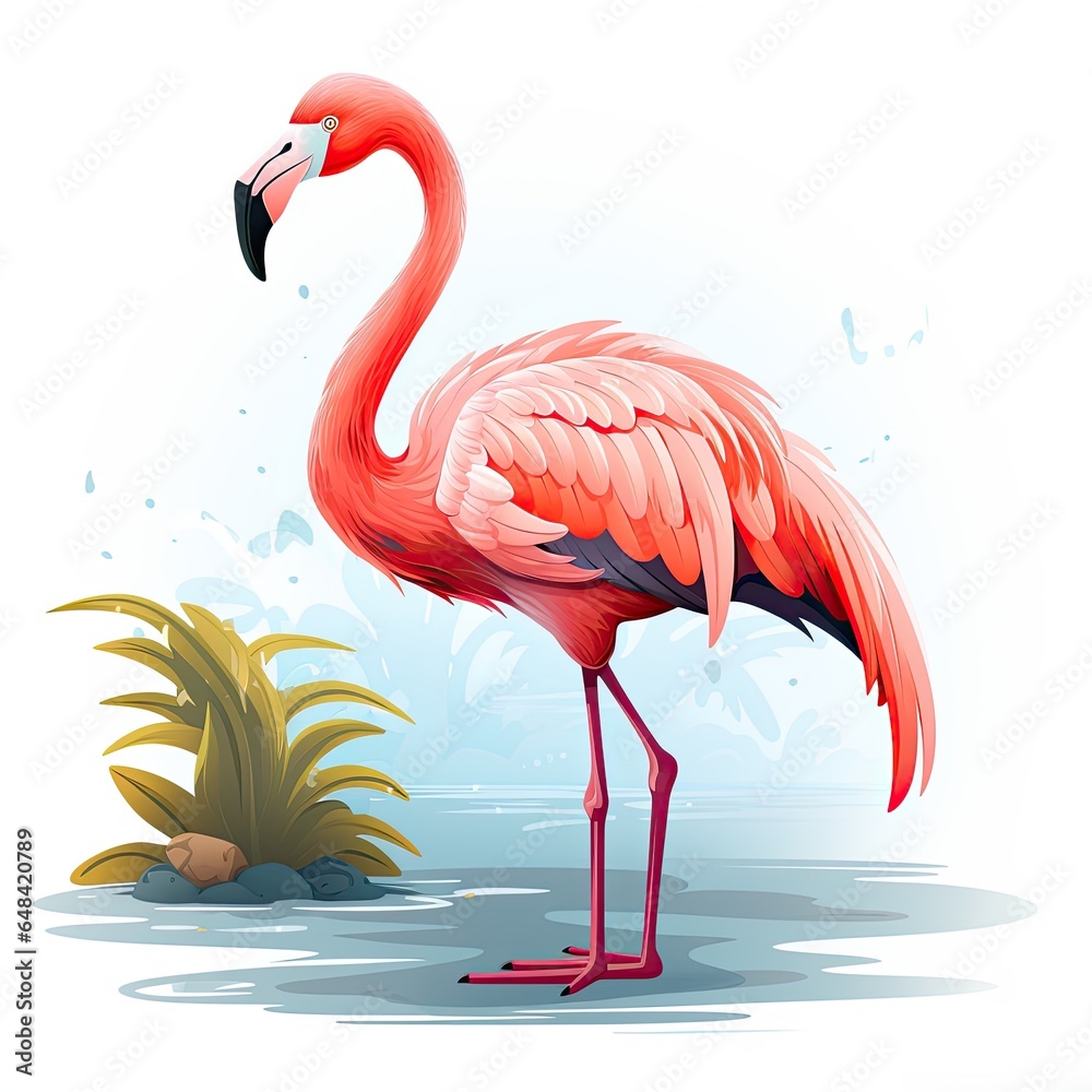 Obraz premium An elegant flamingo stands in a shallow pond in cartoon style isolated on a white background