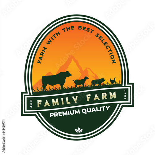 Family Farm Badge, Vintage Livestock at Sunset Emblem