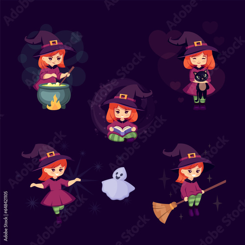 cute halloween witches. cartoon funny autumn mystical fantasy girls set, halloween characters with pumpkin, haunt horrible childish characters. vector cartoon graphics.