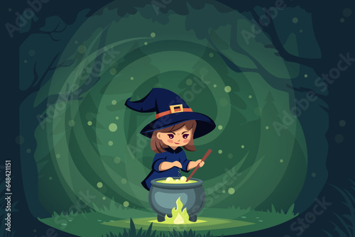 halloween witch in forest. cartoon funny autumn mystical fantasy girl cooking poison elixir forest meadow background, halloween character haunt horrible childish. vector cartoon background.