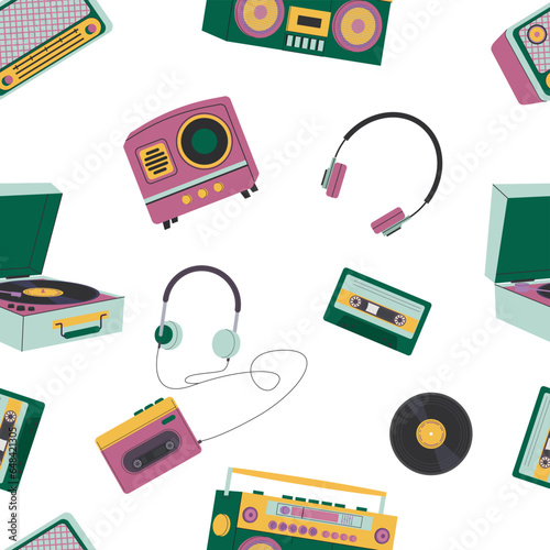 music players pattern. sound gadgets, gramophone, cartoon retro vintage music recorders, tape recorder. vector cartoon items, seamless pattern.