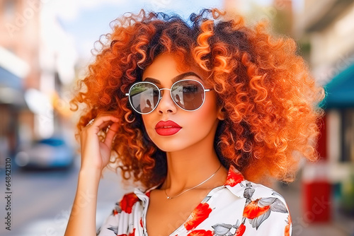 Portrait of a beautiful girl in sunglasses with lush red hair. © ЮРИЙ ПОЗДНИКОВ