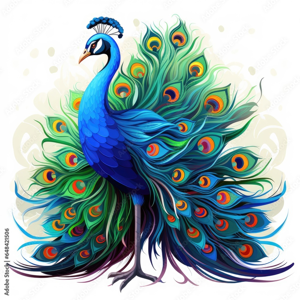 Beautiful Peacock in cartoon style isolated on a white background