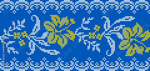 Vector illustration of Ukrainian floral ornament in ethnic style, identity, vyshyvanka, embroidery for print clothes, websites, banners. Background. Geometric design, border, copy space, frame