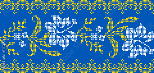 Vector illustration of Ukrainian floral ornament in ethnic style, identity, vyshyvanka, embroidery for print clothes, websites, banners. Background. Geometric design, border, copy space, frame