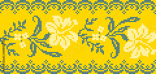 Vector illustration of Ukrainian floral ornament in ethnic style, identity, vyshyvanka, embroidery for print clothes, websites, banners. Background. Geometric design, border, copy space, frame