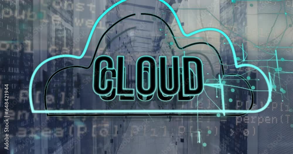 Animation of cloud text in cloud and computer language over data server room