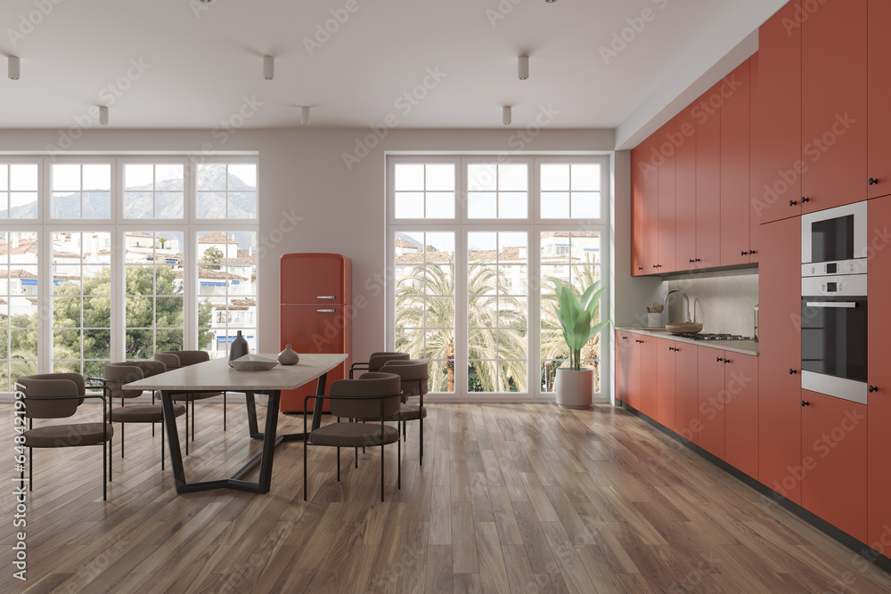 Fototapeta premium Orange hotel kitchen interior with dining and cooking space, panoramic window