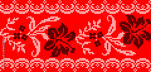 Vector illustration of Ukrainian floral ornament in ethnic style, identity, vyshyvanka, embroidery for print clothes, websites, banners. Background. Geometric design, border, copy space, frame
