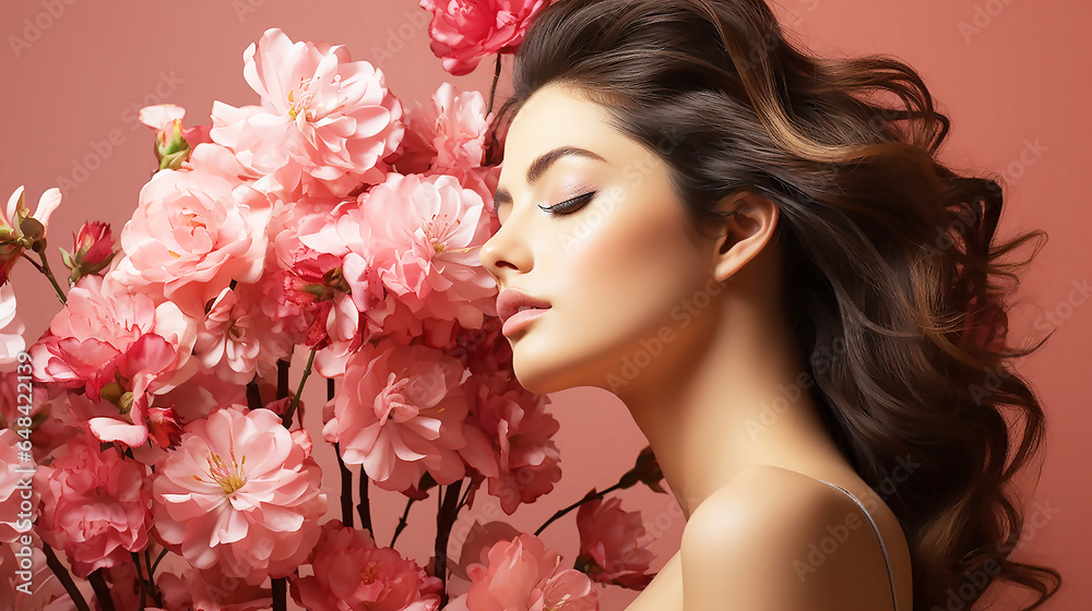 Fototapeta premium Girl With pink Flowers.Beauty Model Woman Face. Professional Make-up.Makeup. Fashion Art
