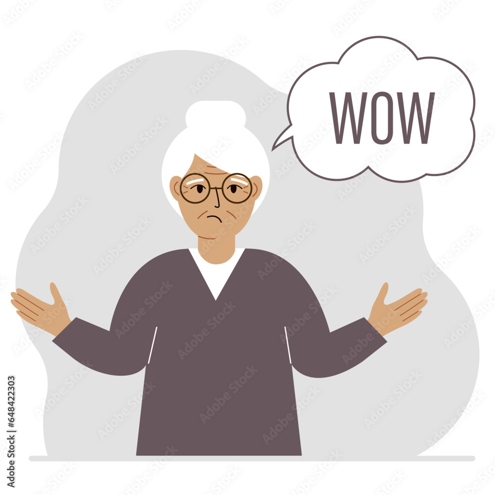 The old woman spreads his arms out to the side. Next to the bubble with the text of the Second World War. The old woman spreads his arms out to the side. Next to the bubble with the text of the Second World War.