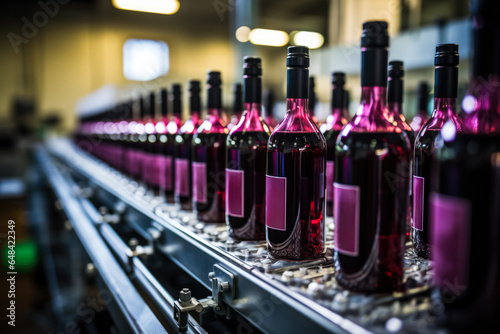 A carefully filled wine bottle on the conveyor line isolated on a gradient background 