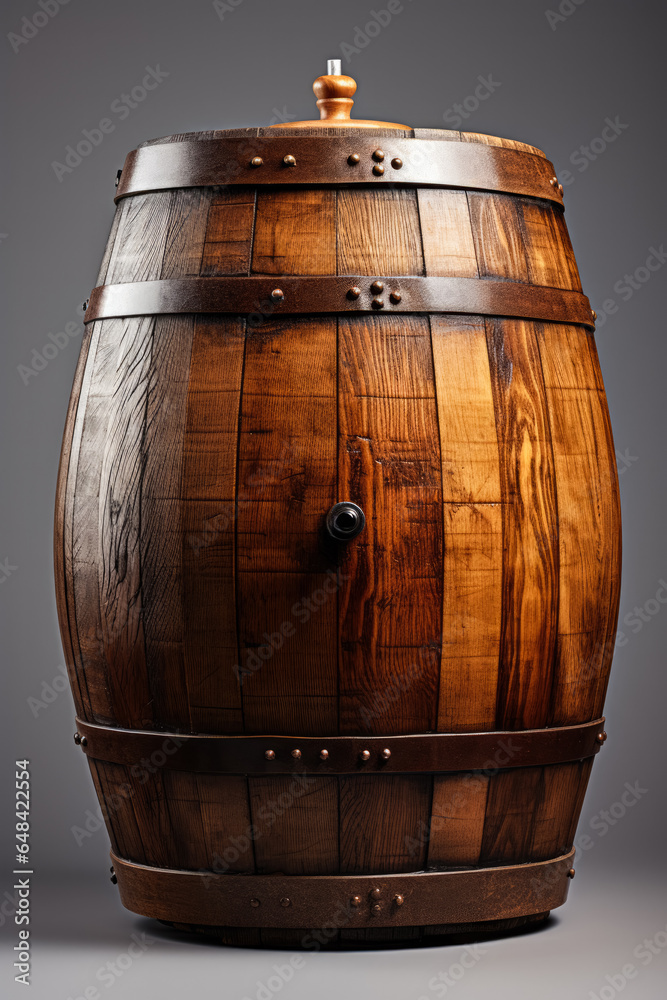 A wooden wine barrel during the aging process isolated on a gradient background A wooden wine barrel during the aging process isolated on a gradient background