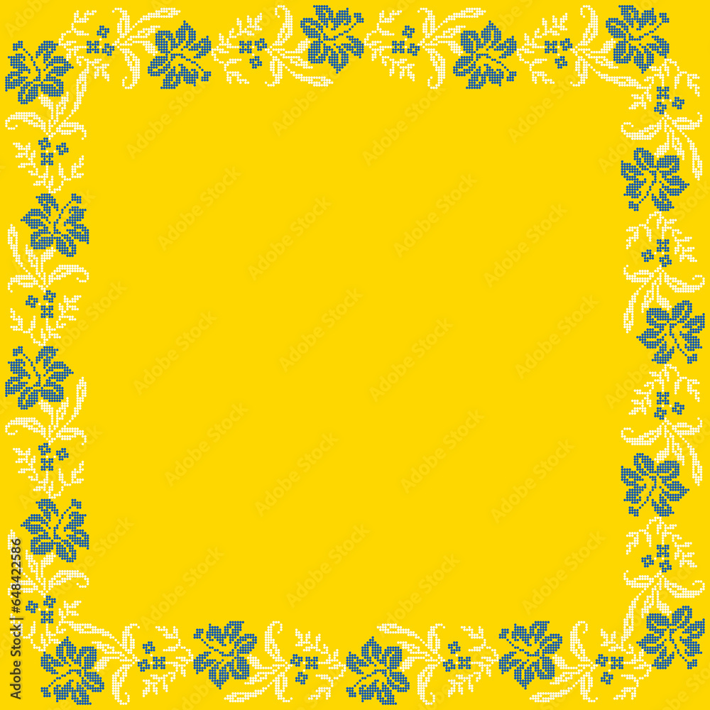 Vector illustration of Ukrainian floral ornament in ethnic style, identity, vyshyvanka, embroidery for print clothes, websites, banners. Background. Geometric design, border, copy space, frame