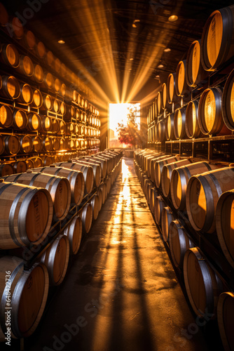Sunlit winery showcasing rows of wine-filled barrels in the aging process 
