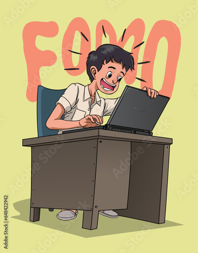 cartoon of a man browsing internet on laptop, Fear of missing out (FOMO) concept