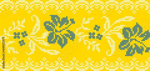 Vector illustration of Ukrainian floral ornament in ethnic style, identity, vyshyvanka, embroidery for print clothes, websites, banners. Background. Geometric design, border, copy space, frame