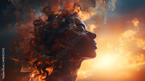 Psychology and woman mental health and weather dependent concept photo
