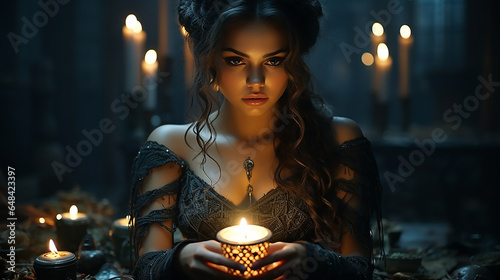 Mystical beautiful woman in a gothic costume of a medieval vampire in rose flower in her hands.. Halloween party image