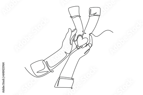 Single one line drawing children giving love heart shaped to mother or father. Mom and dad loving care parenting. Family insurance sign symbol. Continuous line draw design graphic vector illustration