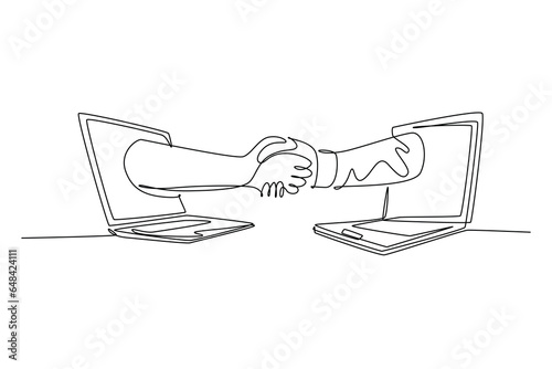 Single continuous line drawing of two business men shaking hand to deal project. Hand come out from laptop screen. Digital online transaction. Dynamic one line draw graphic design vector illustration