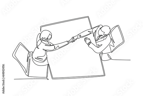 Single continuous line drawing young manager handshake his female worker to congratulate her dealing big project. Business agreement concept. Dynamic one line draw graphic design vector illustration