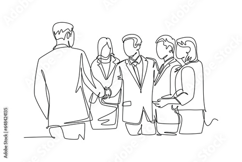 Single one line drawing business man handshake his colleague to deal a big project. Successful business meeting or cooperation concept. Modern continuous line draw design graphic vector illustration