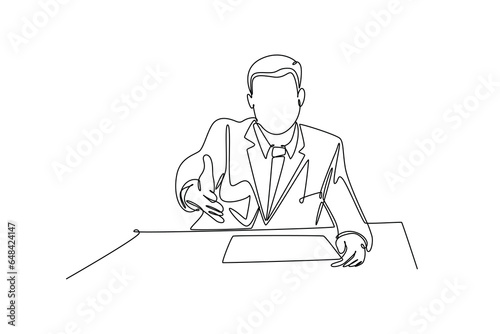 Single one line drawing young businessman make handshake gesture to his colleague at office. Business meeting concept. Successful worker. Modern continuous line draw design graphic vector illustration