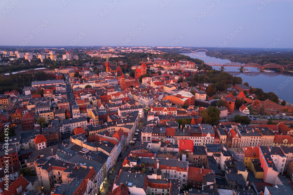 Toruń old town aerial view during sunset, Poland