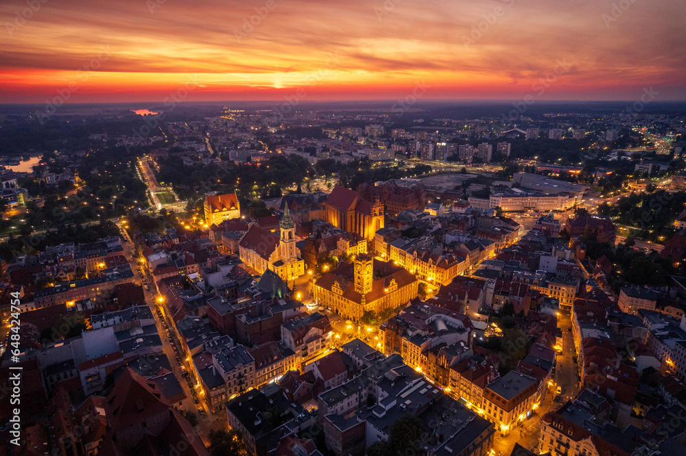 Toruń old town aerial view during sunset, Poland