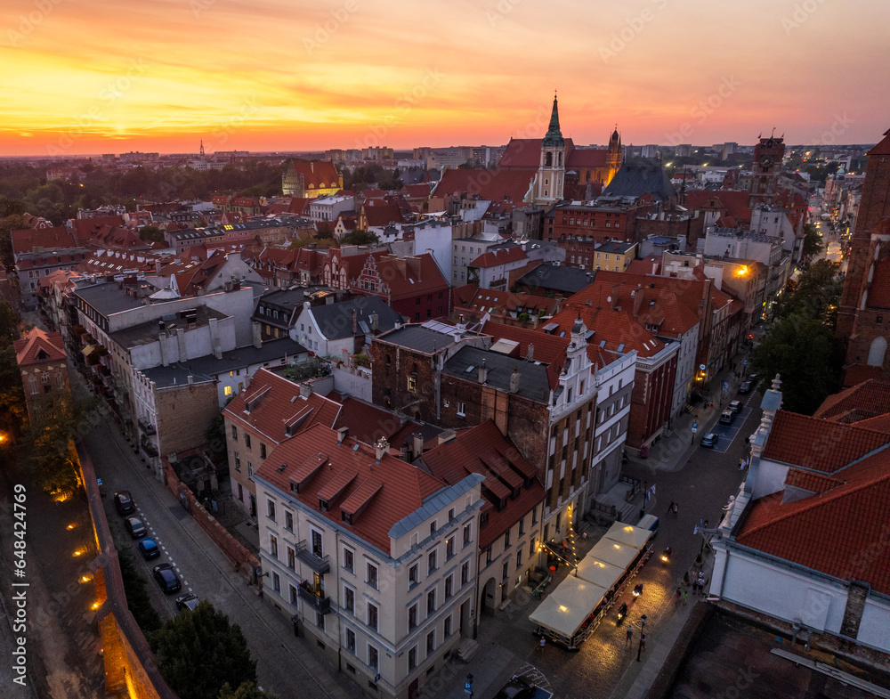 Toruń old town aerial view during sunset, Poland