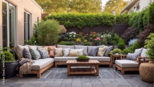 Impressive backyard landscape design. Cozy patio area with settees and table