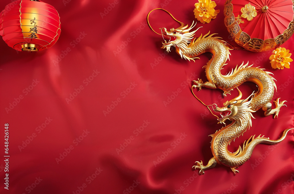 Chinese golden dragon and background images for the Chinese New Year festival on red silk Chinese golden dragon and background images for the Chinese New Year festival on red silk