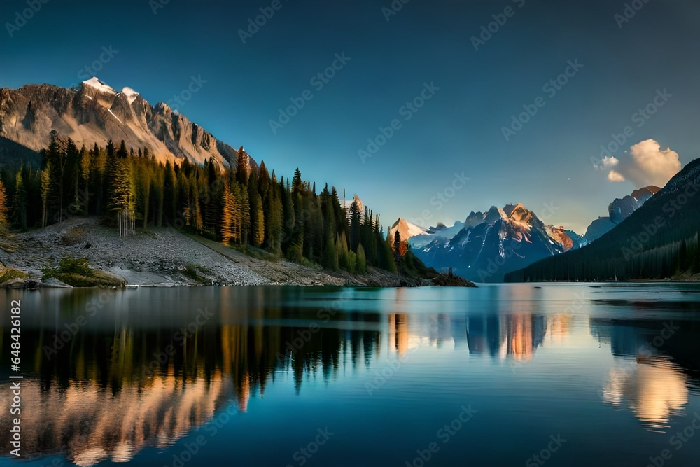 Panorama of a rocky mountain meadow with larch trees and mountain range in the background- 3d render