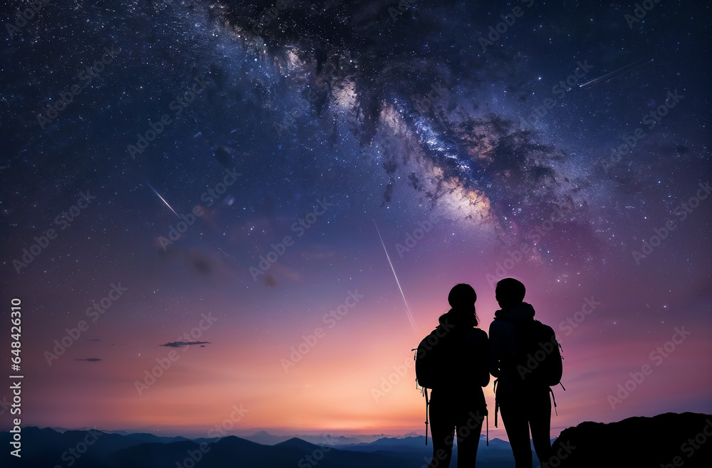 Silhouettes of travelers talking on the mountain top Background of stars and night sky