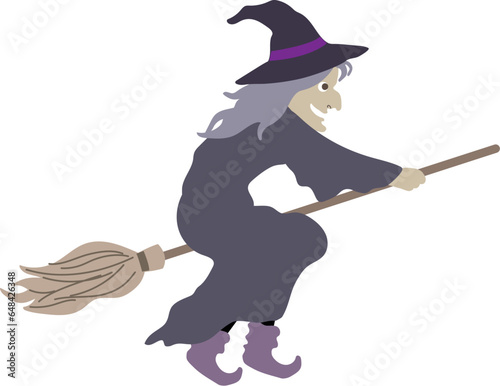 Halloween editable vector illustration element of spooky flying wicked witch on a rightward broom. cute & fun background material