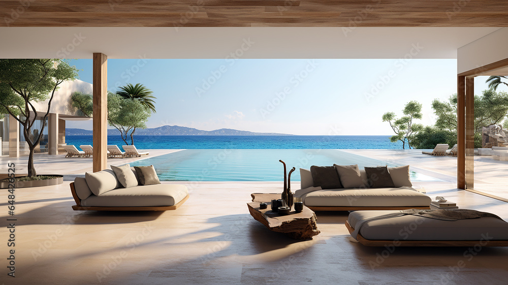 Fototapeta premium Sea view from the large living room of luxury summer beach house with swimming pool near terrace. Generative AI