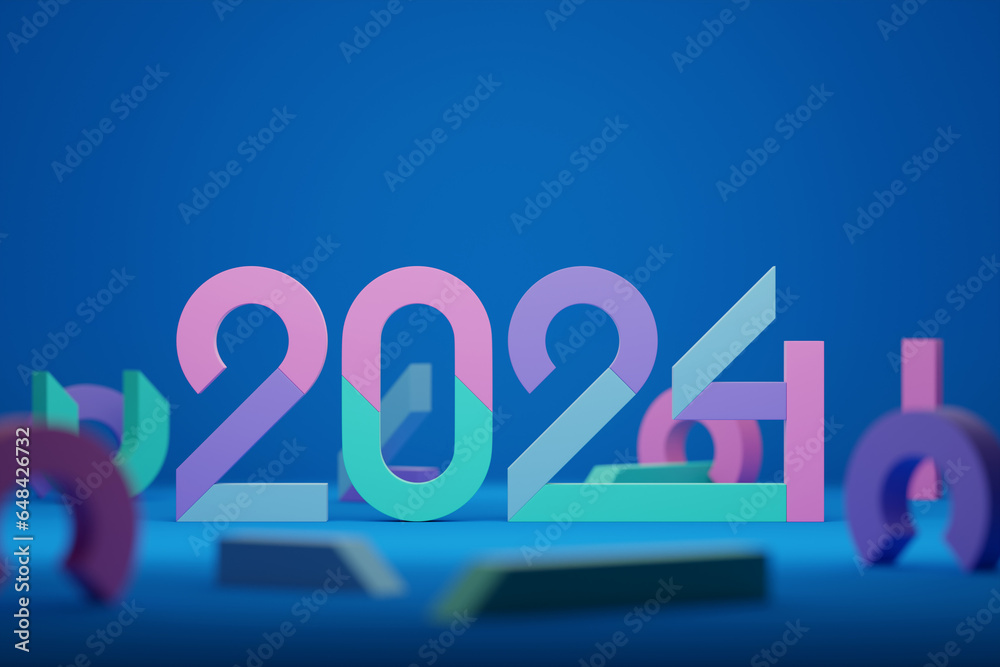 Welcome creative concept 2024. Happy New Year 2024. Outstanding 3D text on black background, 3D illustration Welcome creative concept 2024. Happy New Year 2024. Outstanding 3D text on black background, 3D illustration