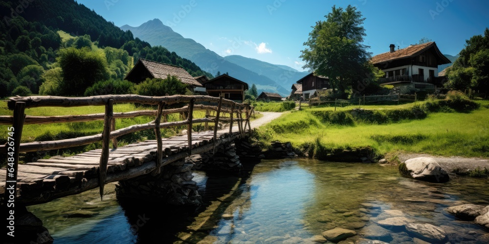 Fototapeta premium A wooden bridge to an old house over a stream with scenery mountains on a background. Generative AI