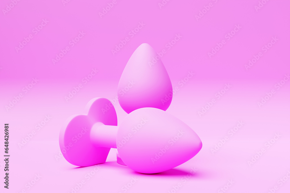 Colorful butt anal plugs sex toys on pink isolated background. 3D illustration. Empty space for your text Colorful butt anal plugs sex toys on pink isolated background. 3D illustration. Empty space for your text