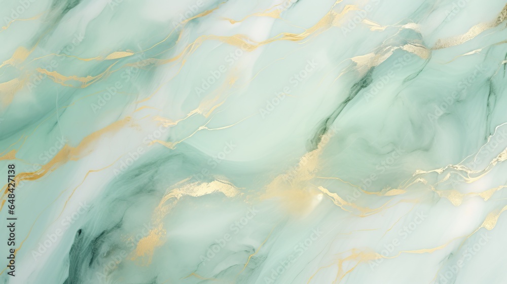 Fototapeta premium Mint green and gold fluid marble background.
