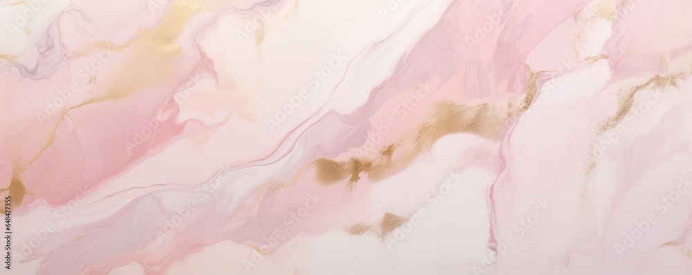 Fototapeta premium Panoramic soft pink and gold marble stone texture background banner with a flowy pattern.