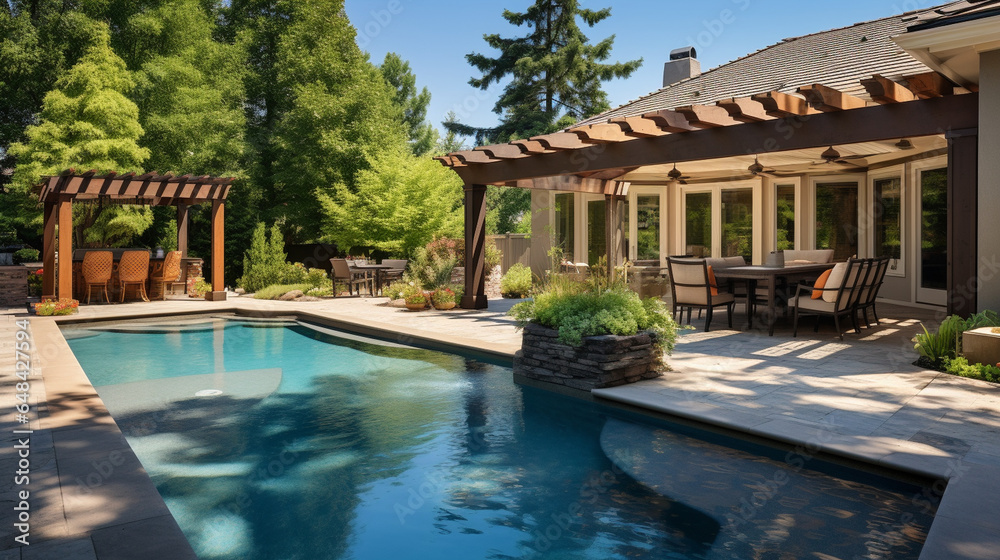 An inviting backyard with a swimming pool and outdoor seating, showcasing upscale real estate