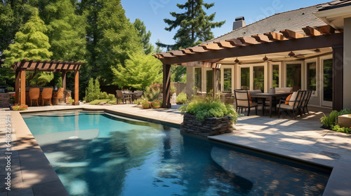 An inviting backyard with a swimming pool and outdoor seating, showcasing upscale real estate