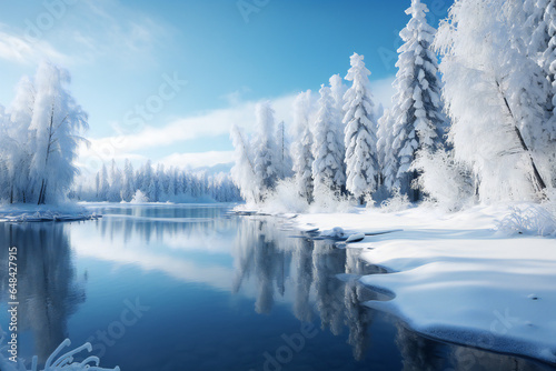 frozen lake with snowy trees